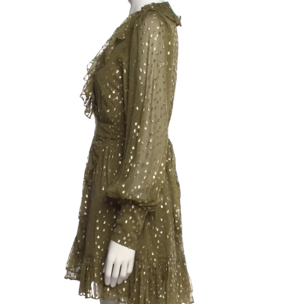 ZIMMERMANN $650 Ruffled Metallic Silk Wrap Mini Dress Size M Green Khaki Summer - Picture 5 of 6